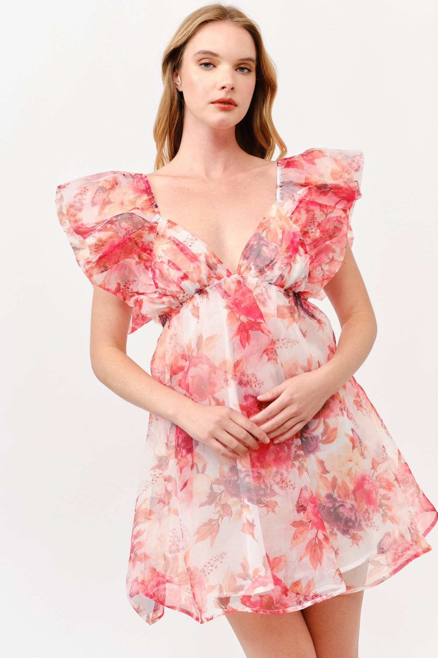 Pink Floral Chiffon Mini Dress with Ruffle Sleeves