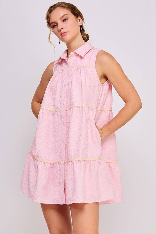 Pink Button-Up Swing Mini Dress - Sleeveless