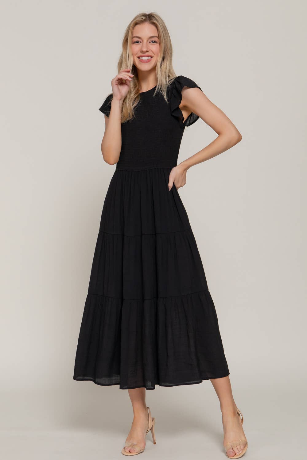 Ruffle Sleeve Crew Neck Smocked Detail Dress