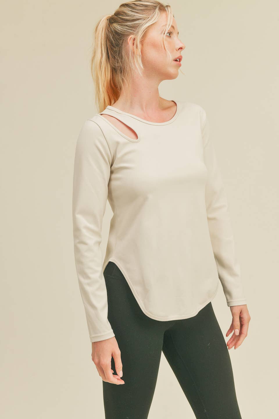 Oatmeal Asymmetrical Slit Long Sleeve Top