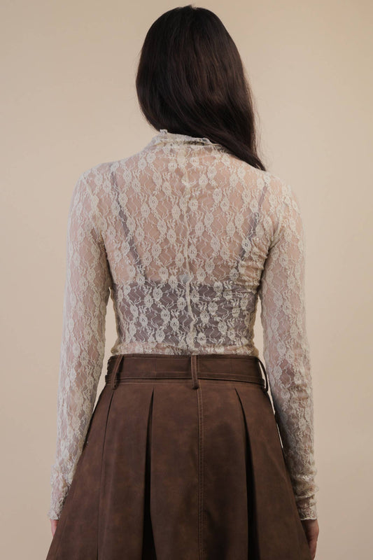 High Neck Fitted Sheer Mesh Lace Knit Top ~ Champagne