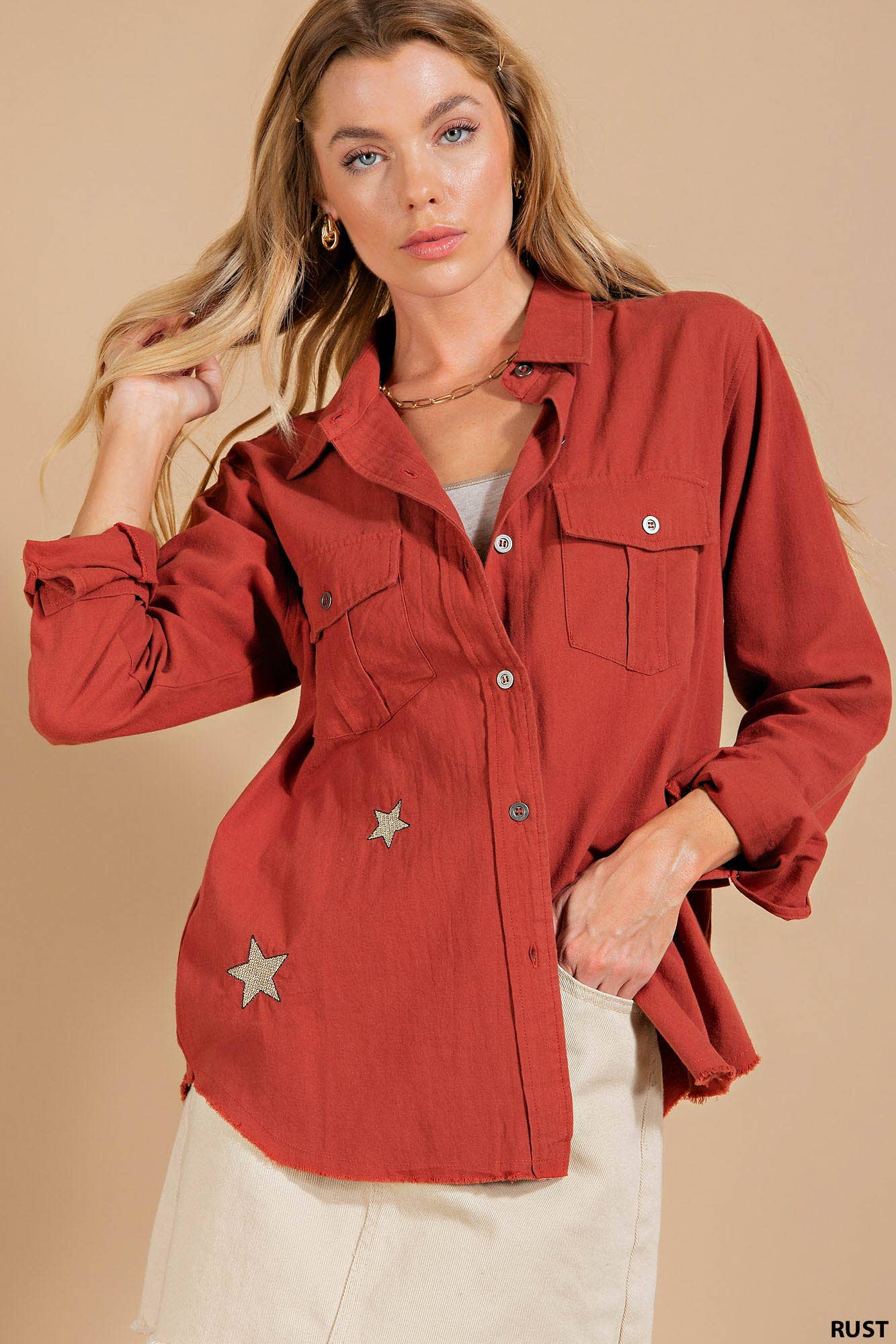 COTTON EMBROIDERY STAR FRINGE BOTTOM SHIRT