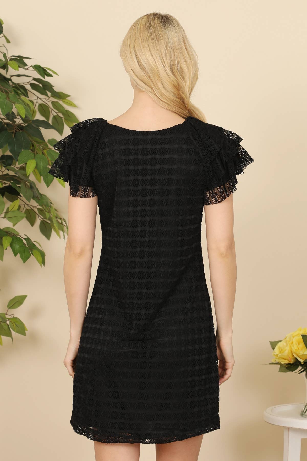 NOTCH NECKLINE RUFFLE SLEEVE LACE DRESS