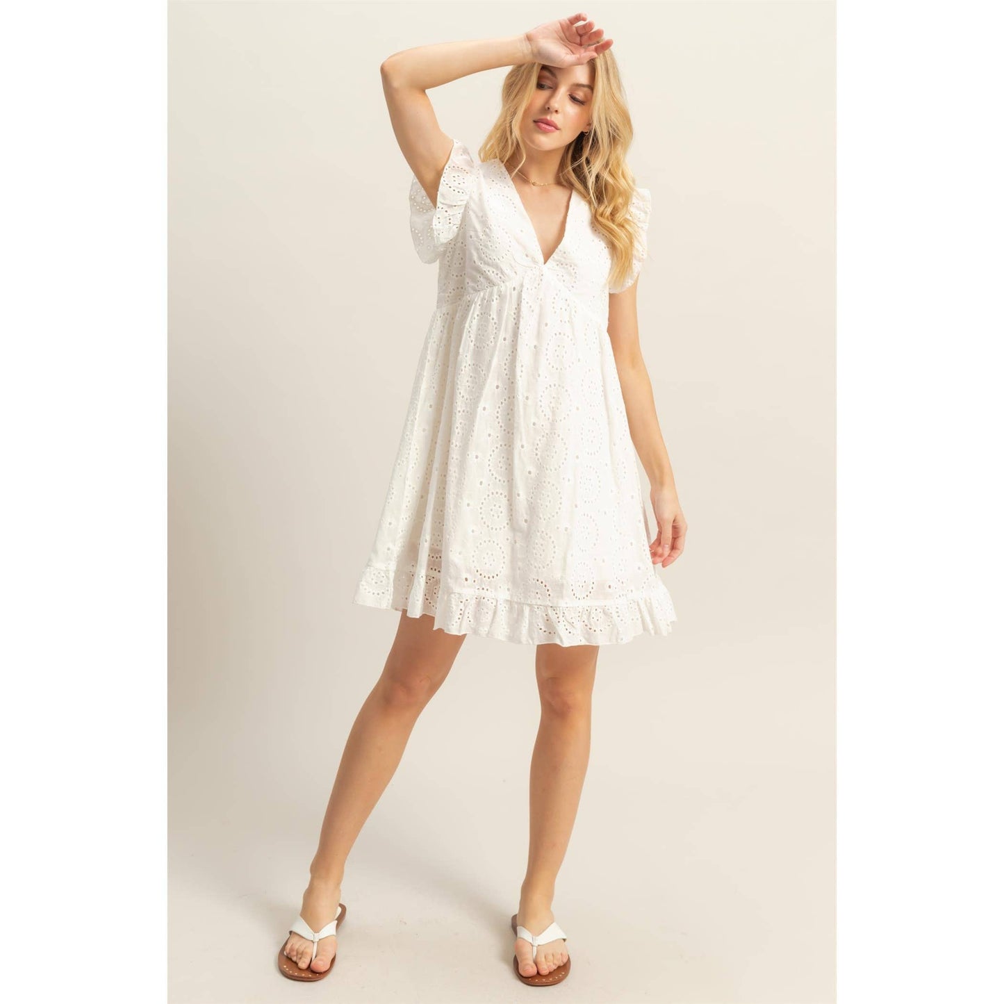 Flutter Sleeve V-Neck Eyelet Mini Dress
