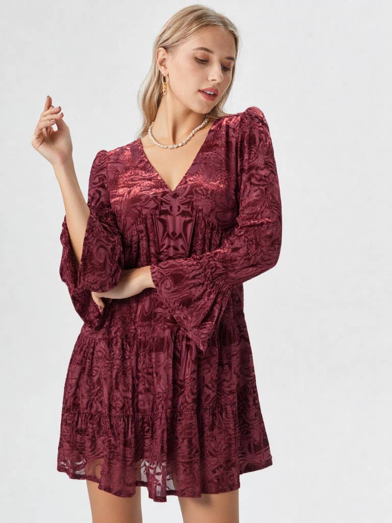 Deep V-neck Jacquard Velvet Mini Dress