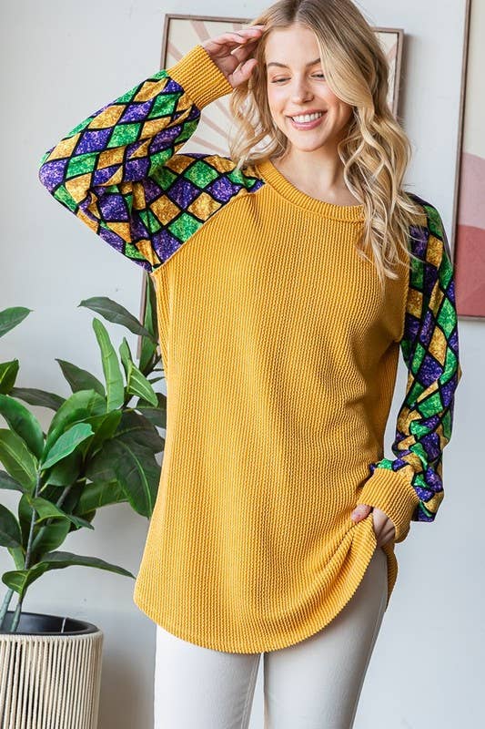 MARDI GRAS LONG SLEEVE URBAN RIBBED TOP ~ Faux Glitter Sleeve