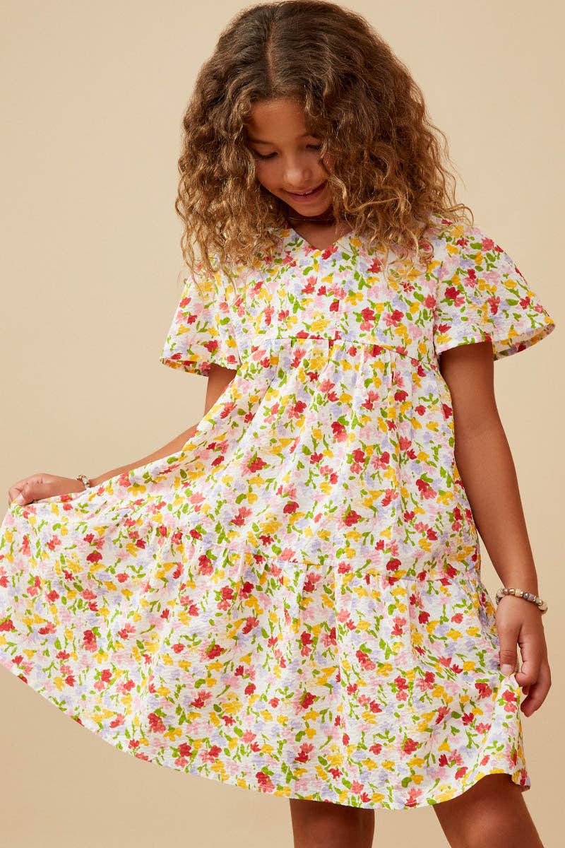 Girls Ditsy Floral V Neck Flutter Sleeve Dress