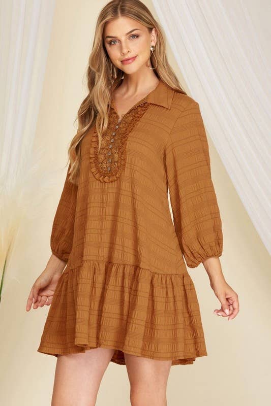 CARAMEL TEXTURED CROCHET PLACKET WOVEN MINI DRESS