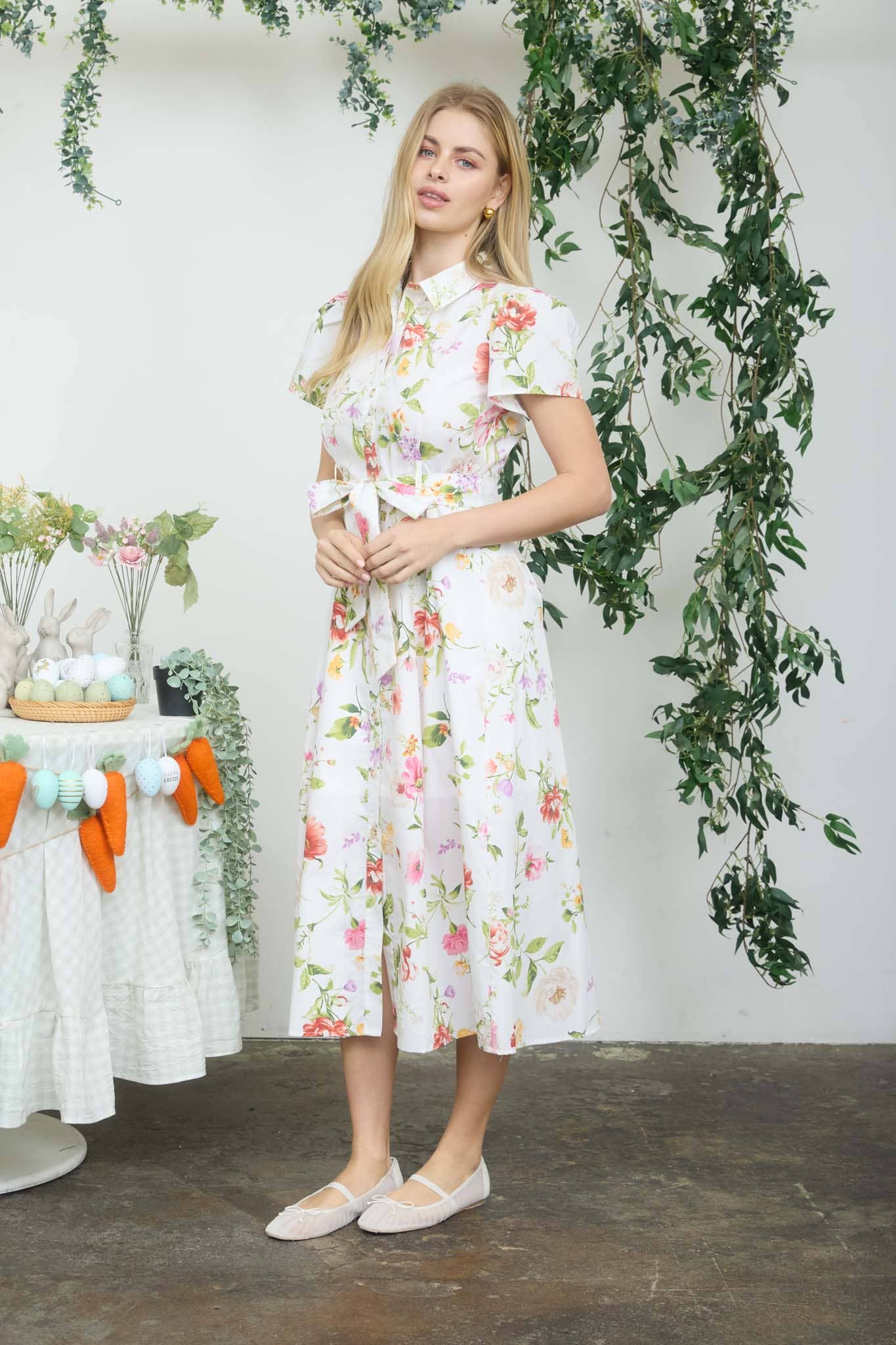 FLORAL SHORT SLEEVE BELTED MIDI SHIRT DRESS