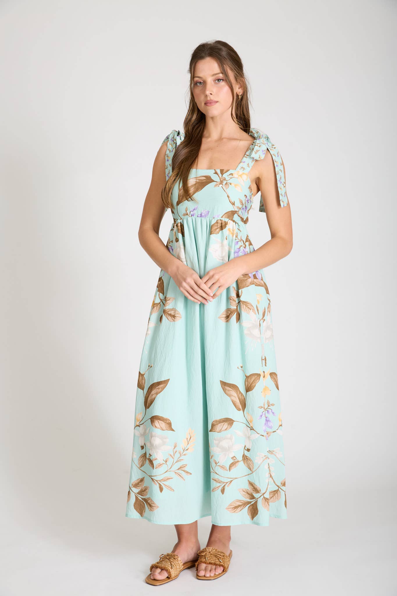 DUSTY MINT FLORAL TIE STRAP MIDI DRESS