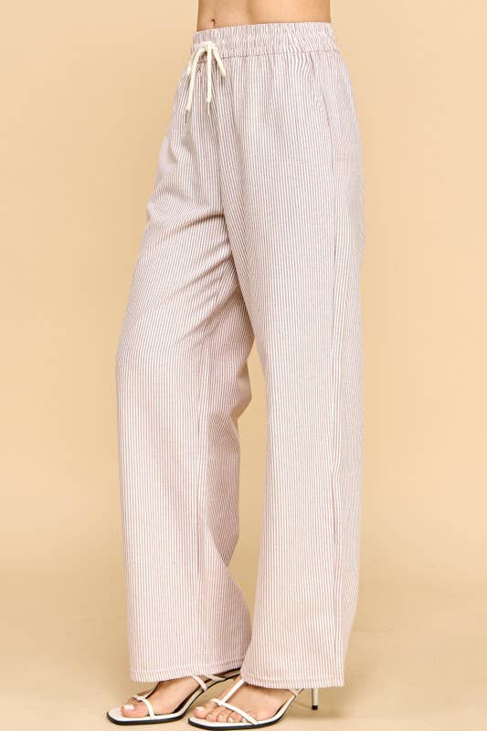 STRIPED DRAWSTRING STRAIGHT PANTS ~ Mocha