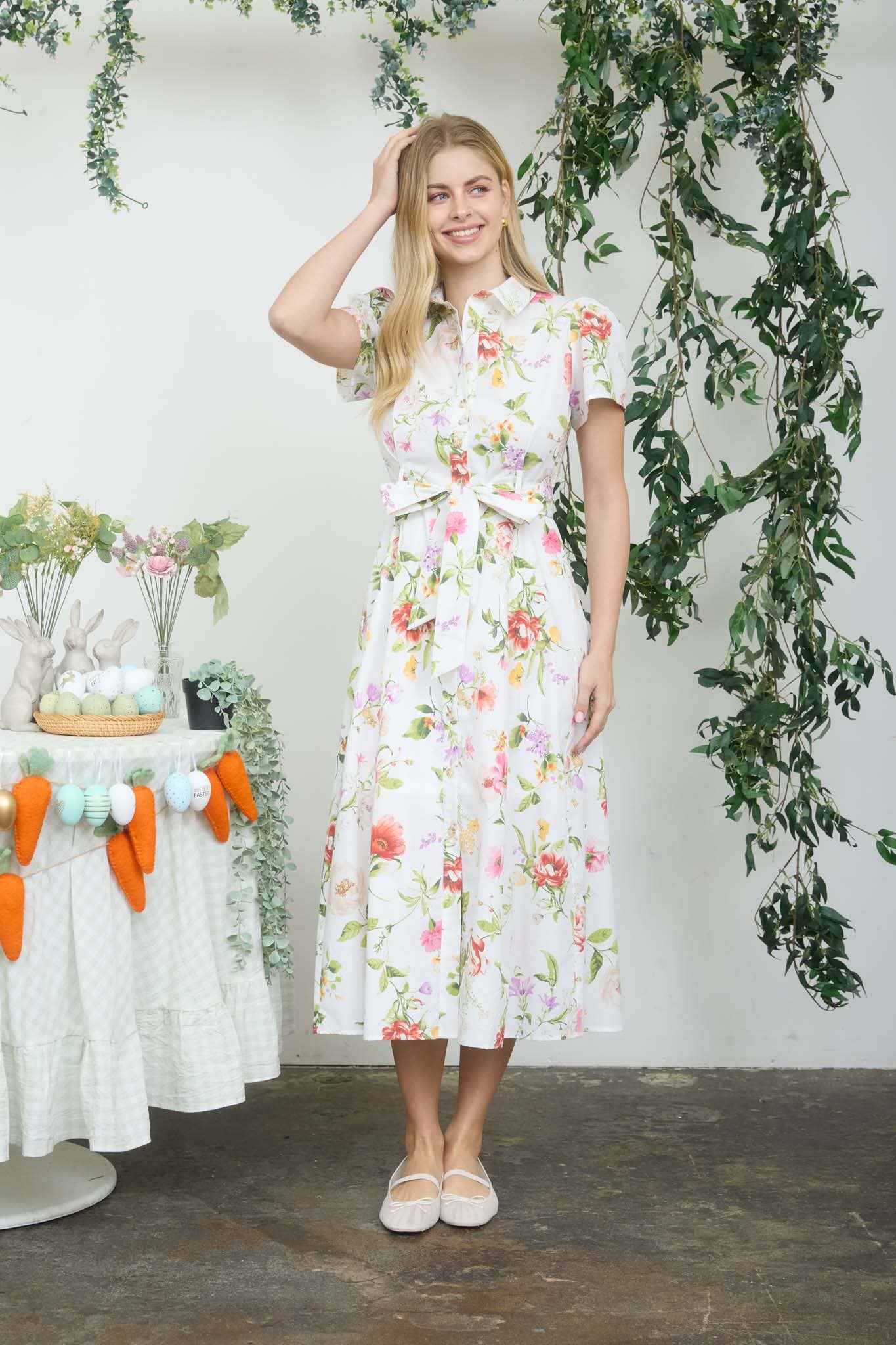 FLORAL SHORT SLEEVE BELTED MIDI SHIRT DRESS