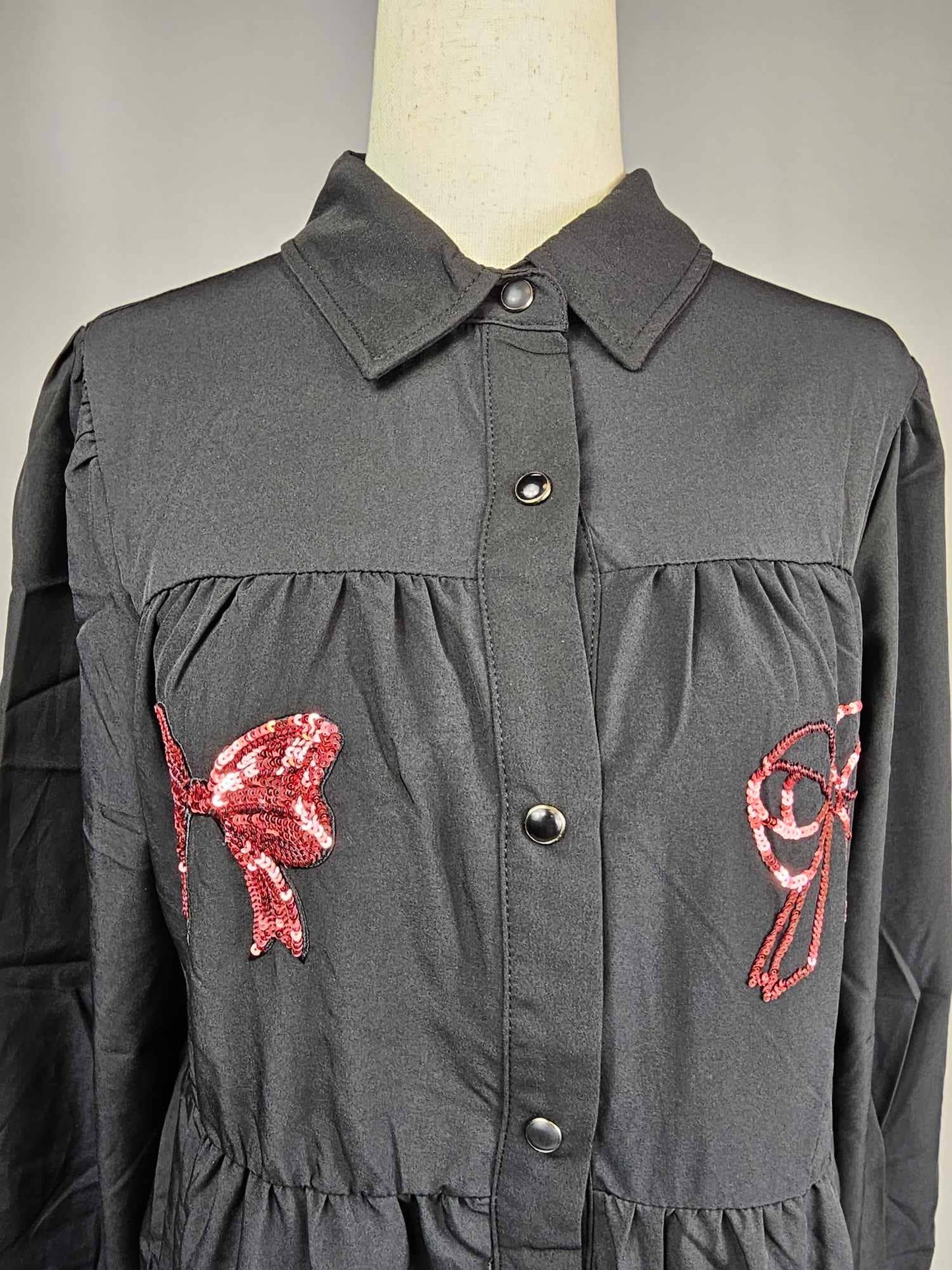 Sequins Bow Puff Sleeve Long Sleeve Dress