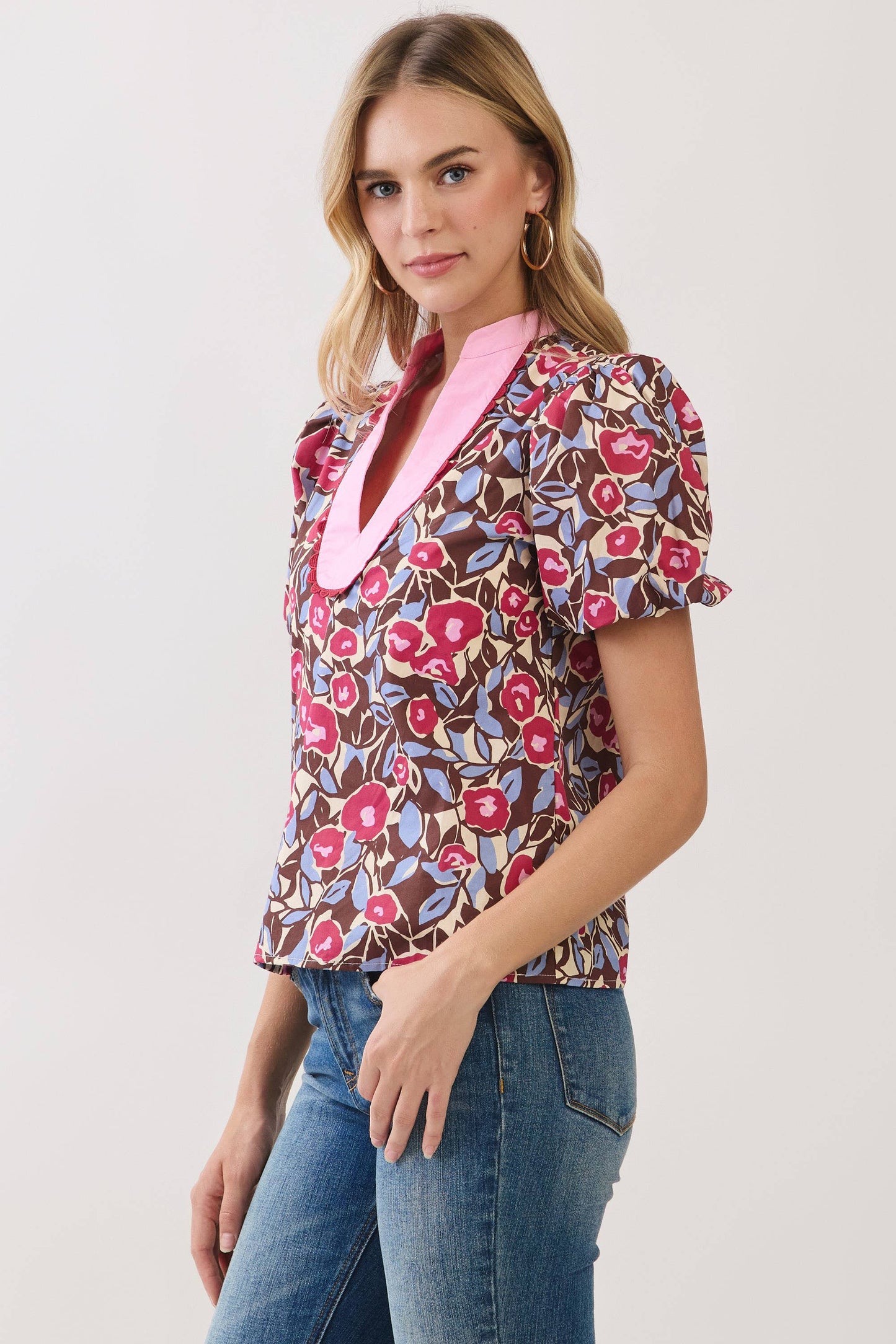 Floral Print Contrast Trim Detail Puff Sleeve Top