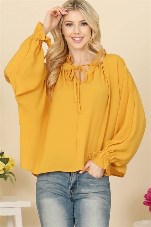 Mustard Long Sleeve Ruffle Tie Neck Top