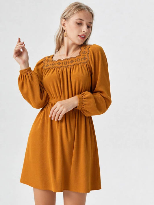 Embroidery Square Neck Corduroy Mini Dress