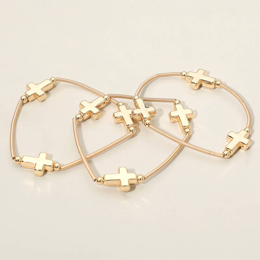 3PCS - Metal Cross Station Stretch Multi Layered Bracelets: Rhodium