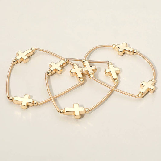 3PCS - Metal Cross Station Stretch Multi Layered Bracelets