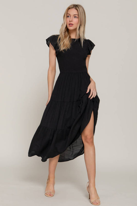 Ruffle Sleeve Crew Neck Smocked Detail Dress