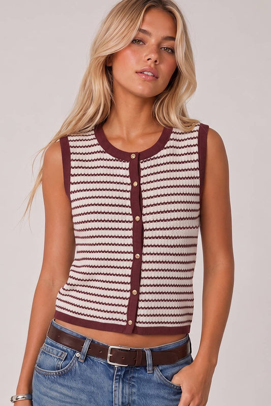 Burgundy Stripe Knit Button Down Top