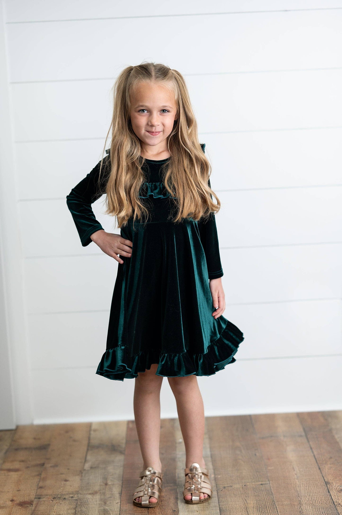 Kids Emerald Green Velvet Ruffle Dress