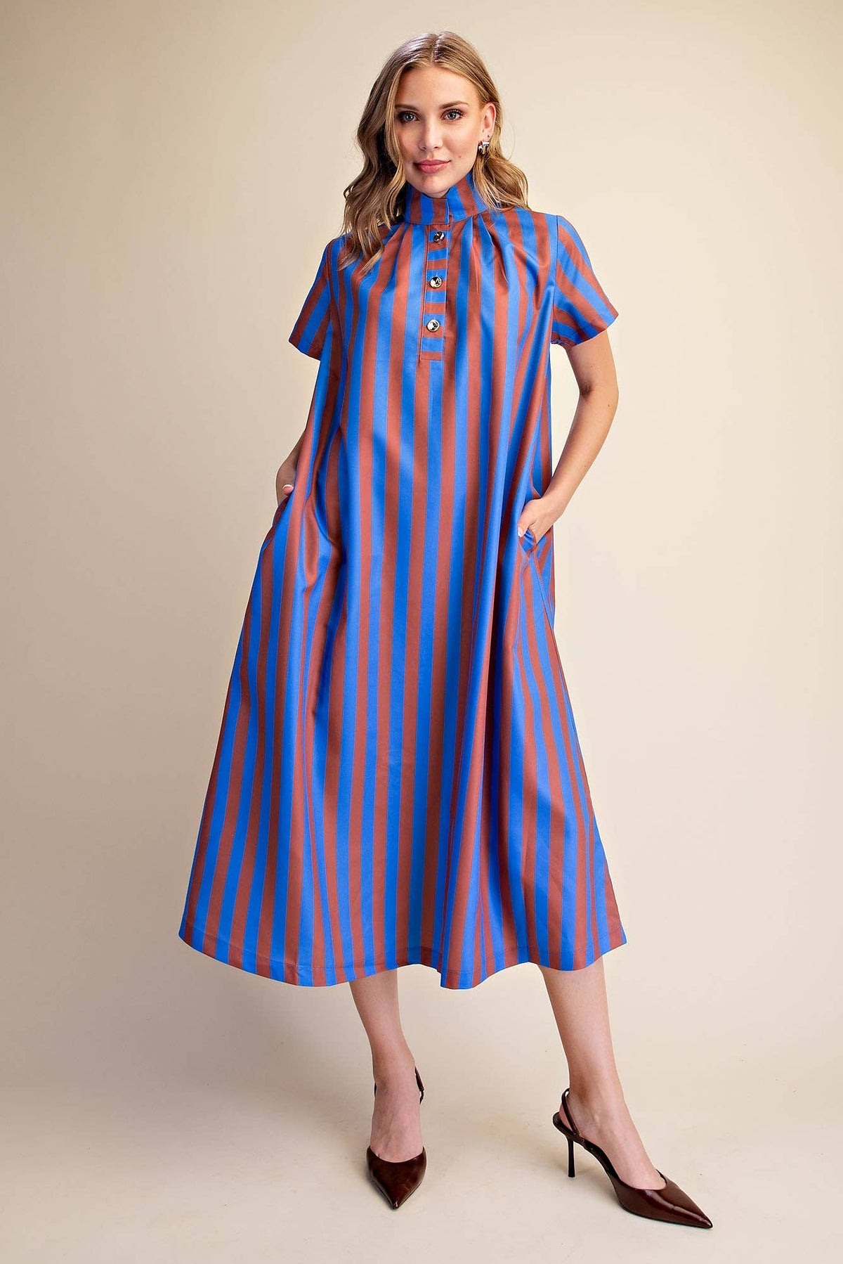 Stand High Neck Stripe Midi Dress