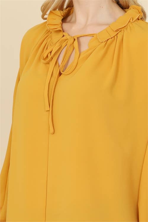 Mustard Long Sleeve Ruffle Tie Neck Top