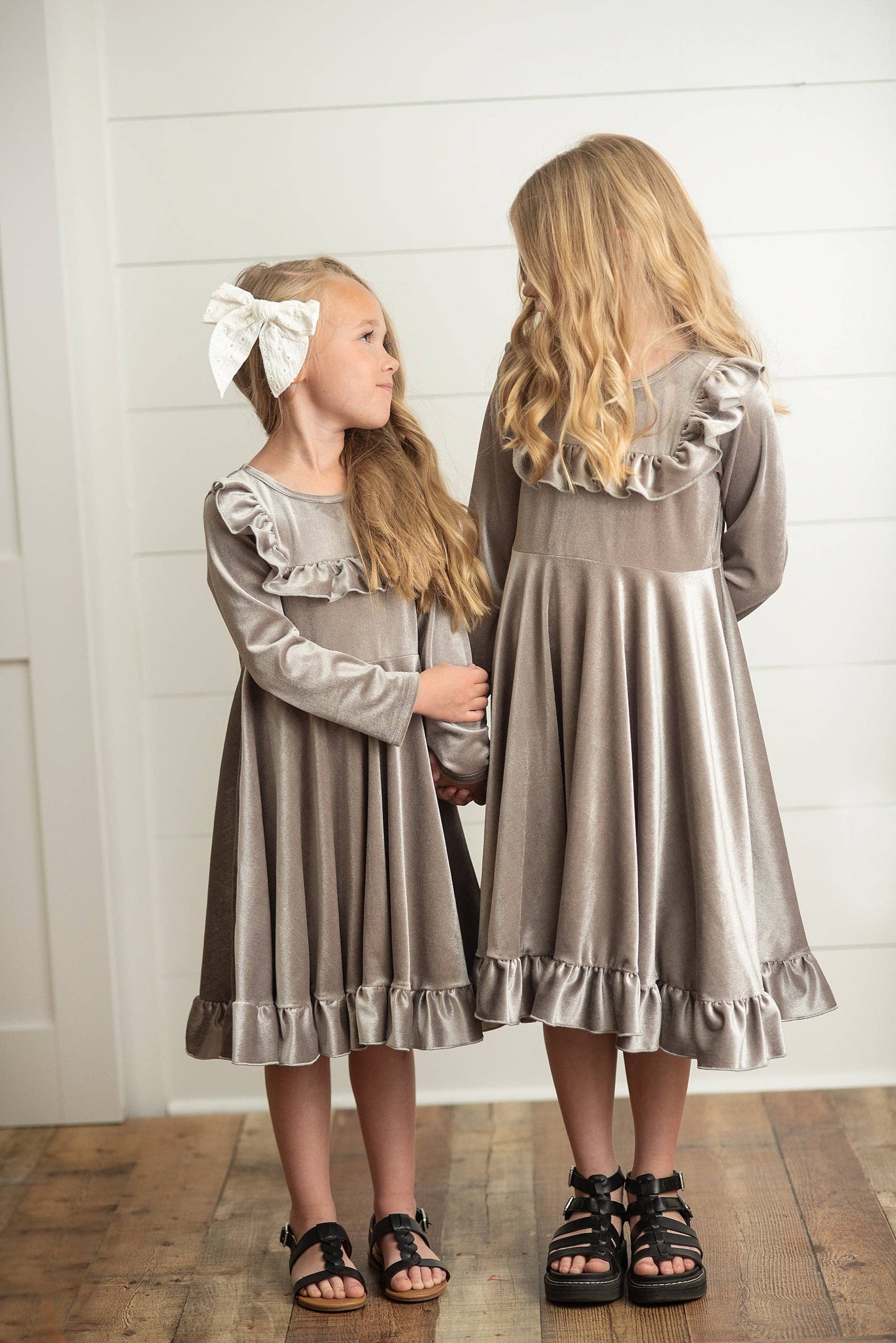 Kids Silver Velvet Ruffle Fancy Party Dress