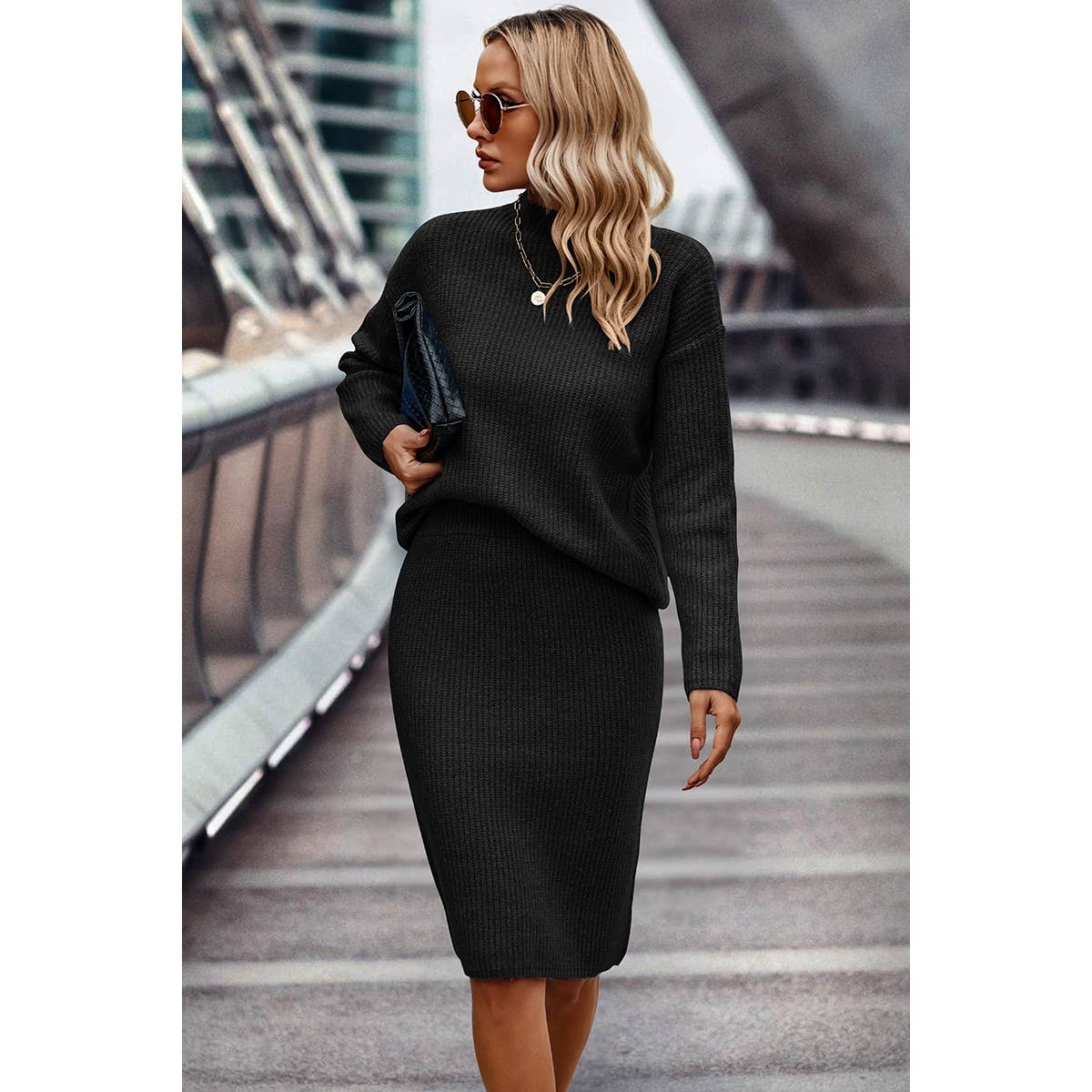 Two Pieces Solid Thick Knit Loose Wrap Dress Set