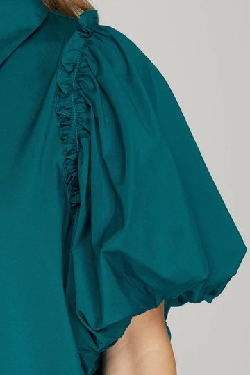 TEAL GREEN BUBBLE SLEEVES BUTTON DOWN WOVEN TOP