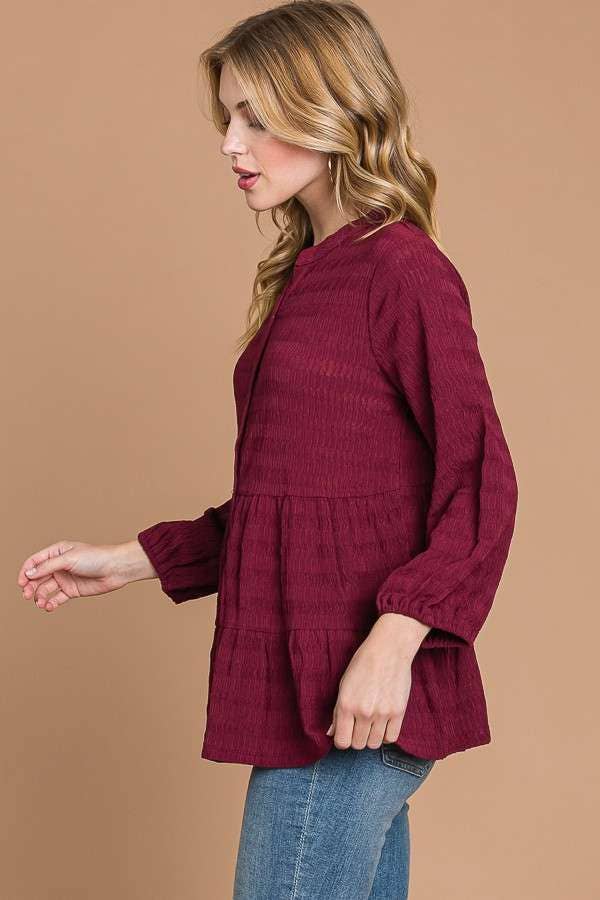 BUTTON DOWN TIERED 3/4 SLV BLOUSE