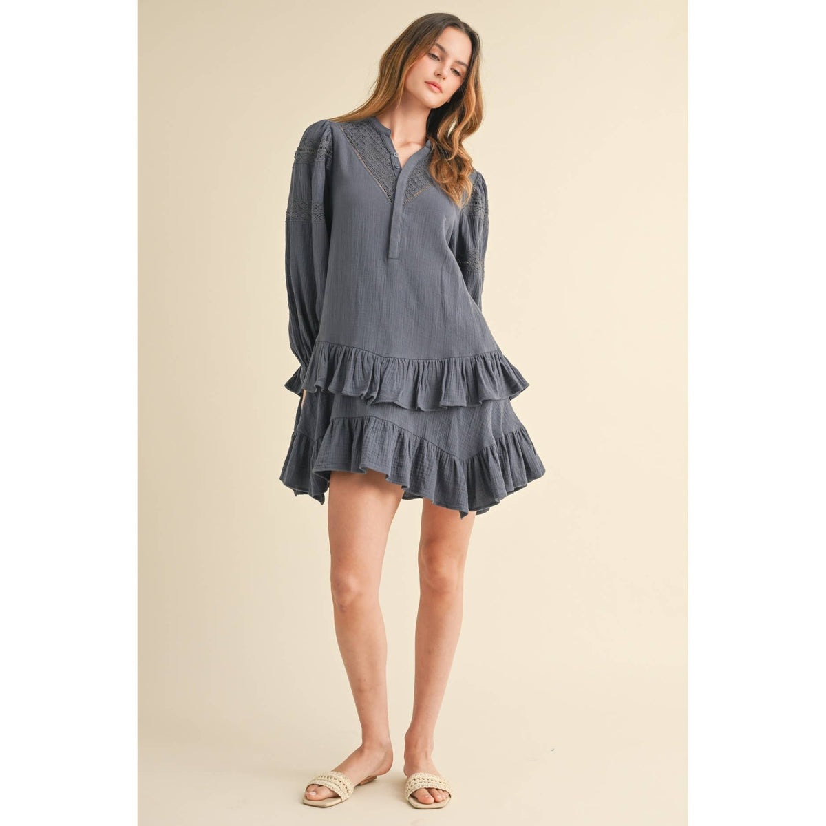 Indigo Blue LONG SLEEVE RUFFLE MINI DRESS