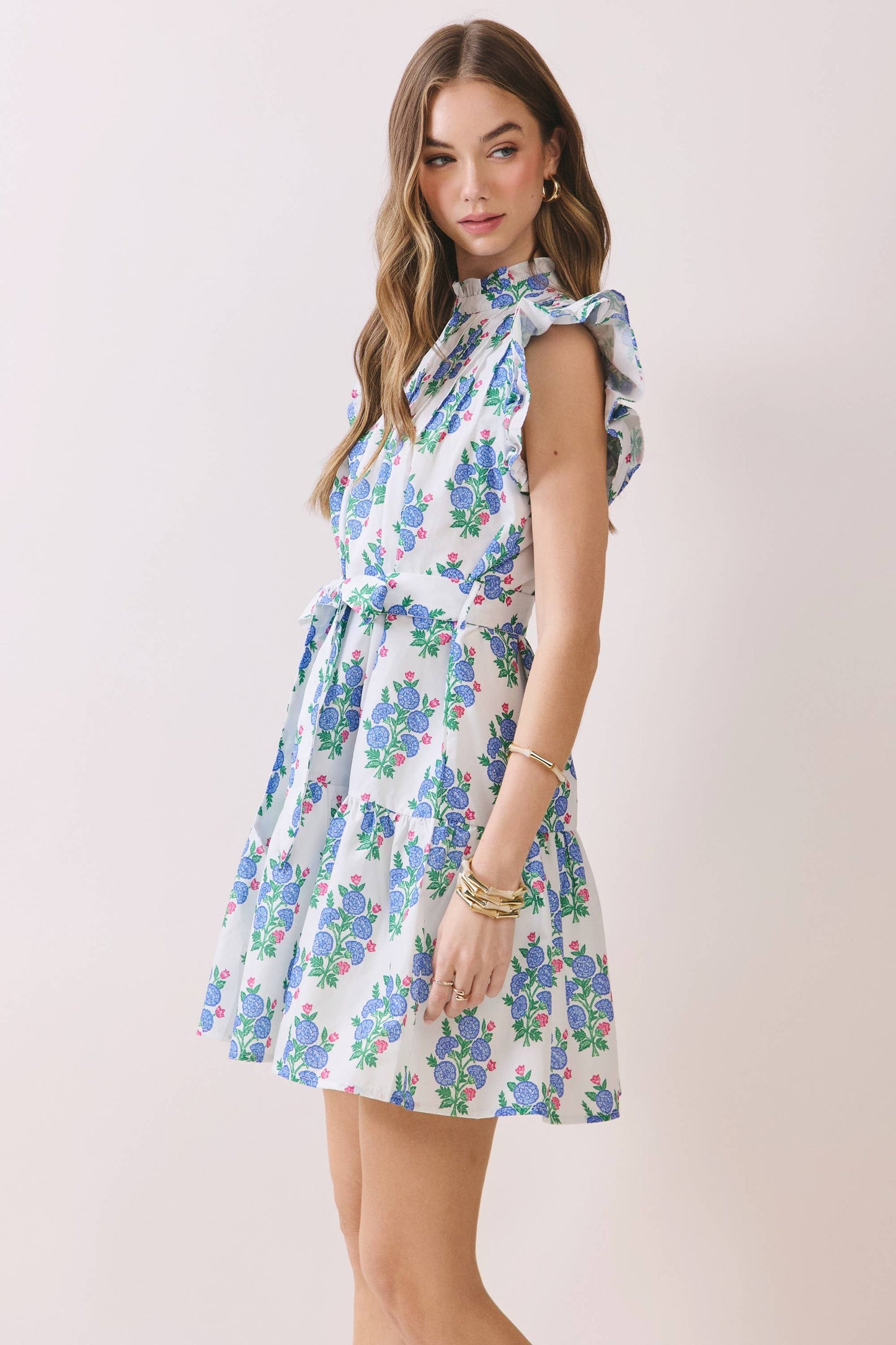 Floral Pleated Bodice Ruffle Sleeve Mini Dress