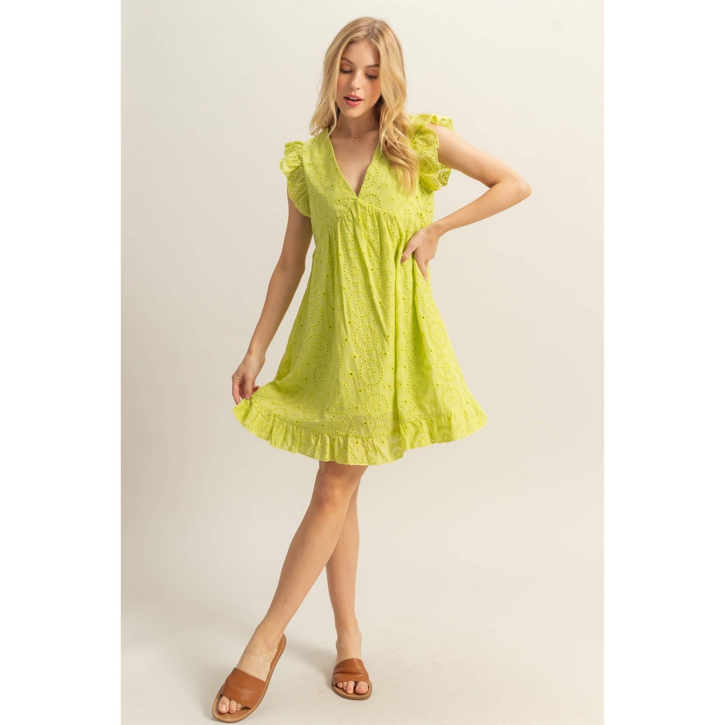 Flutter Sleeve V-Neck Eyelet Mini Dress
