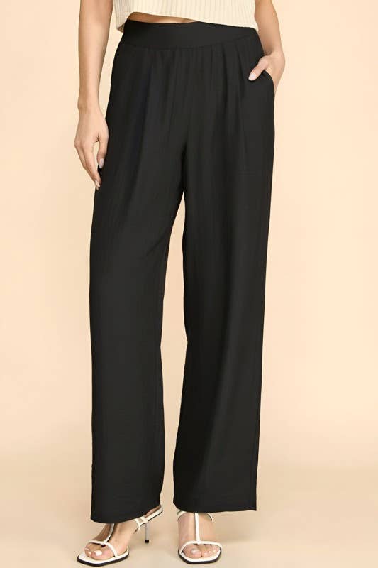 SILKY LELISI FLAT FRONT WAIST WIDE LEG PANTS ~ Black