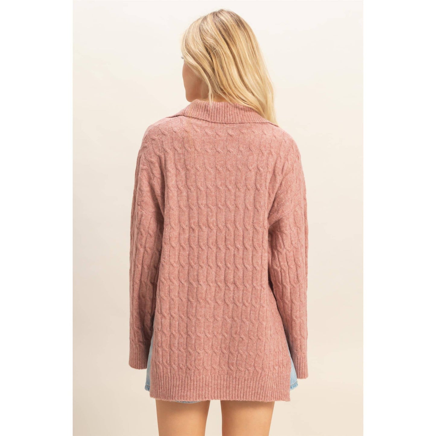 Collared Cable Sweater With Slits
