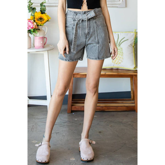 Grey Waist Belted Denim Shorts