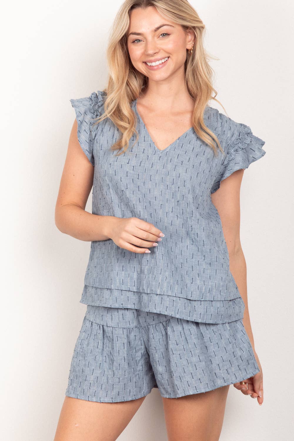 Cotton Woven Cute Top & Shorts Set: DENIM BLUE