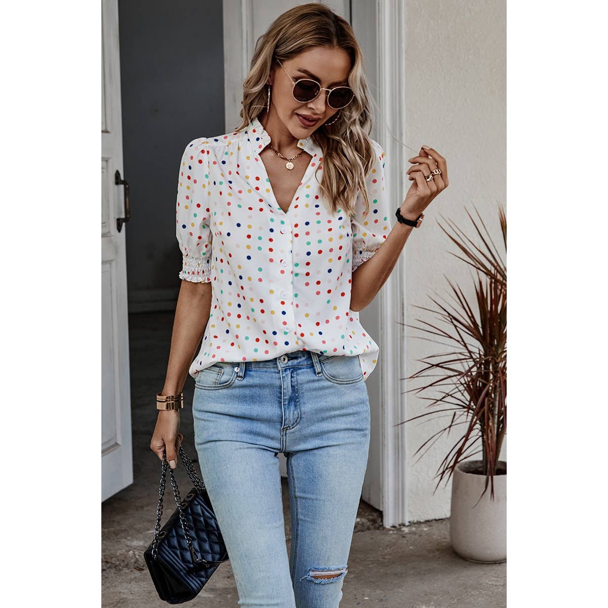 Polka Dot Print Puff Sleeve Loose Shirt