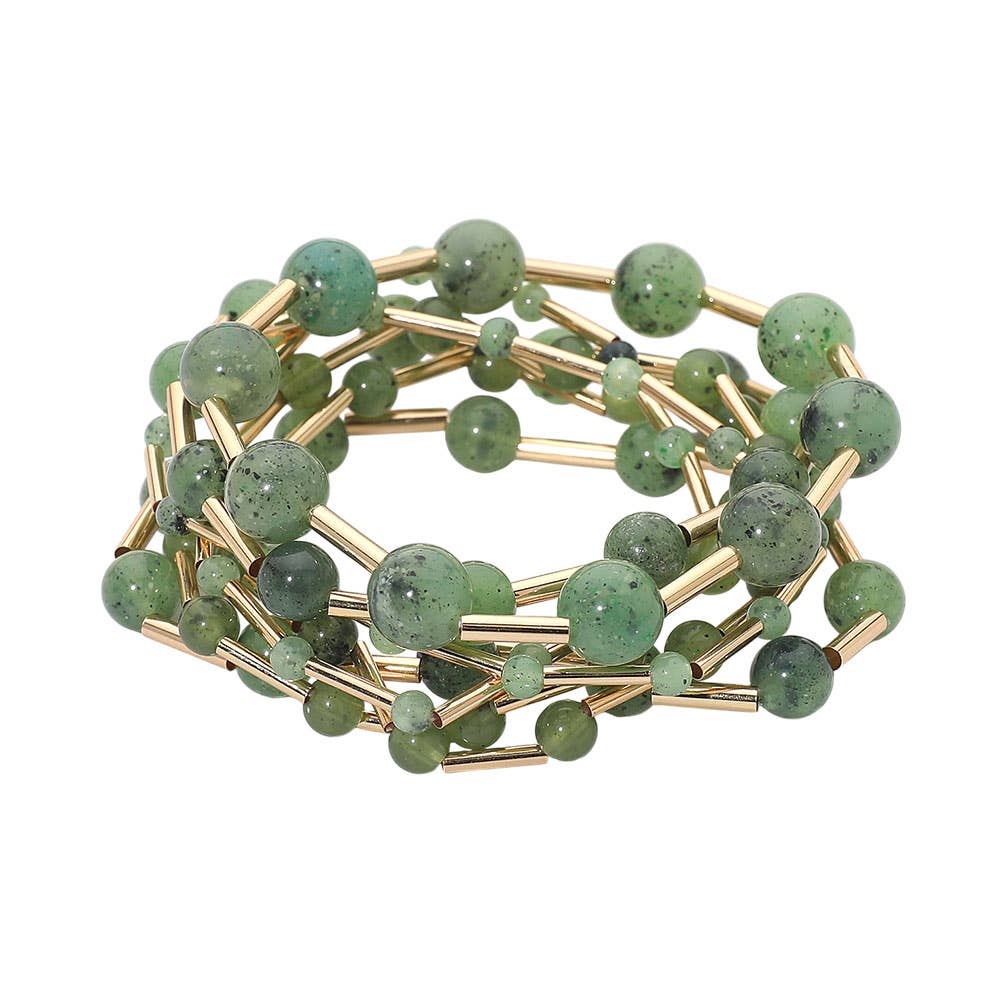 7PCS - Resin Ball Metal Bar Beaded Stretch Multi Layered Bracelets