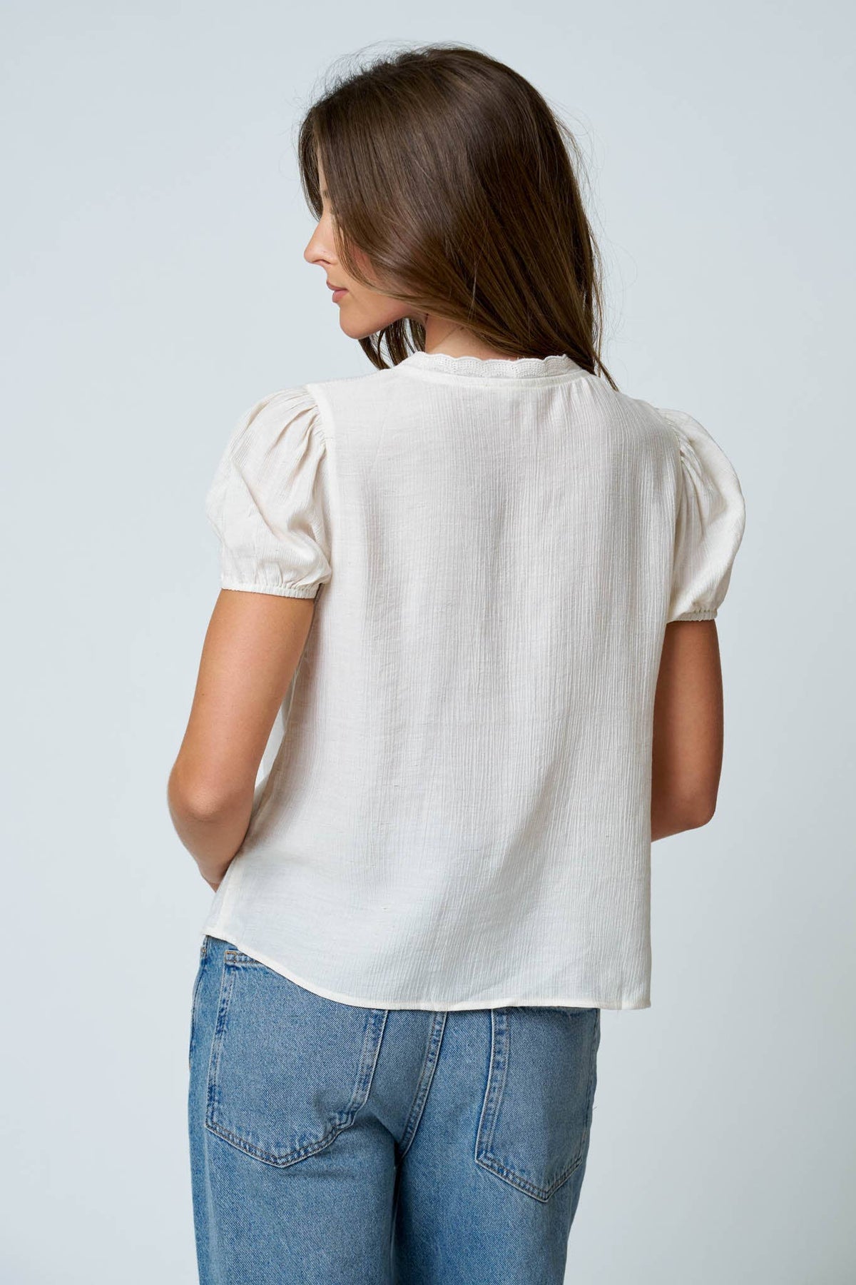 LACE DETAIL PUFF SLEEVE BUTTON DOWN BLOUSE (Multiple Colors)