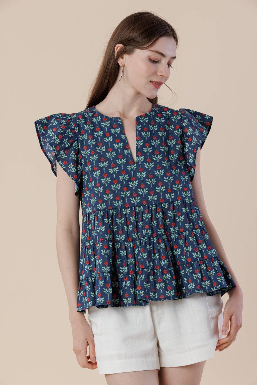 Floral Flutter Sleeve Tiered Blouse with Split Neck