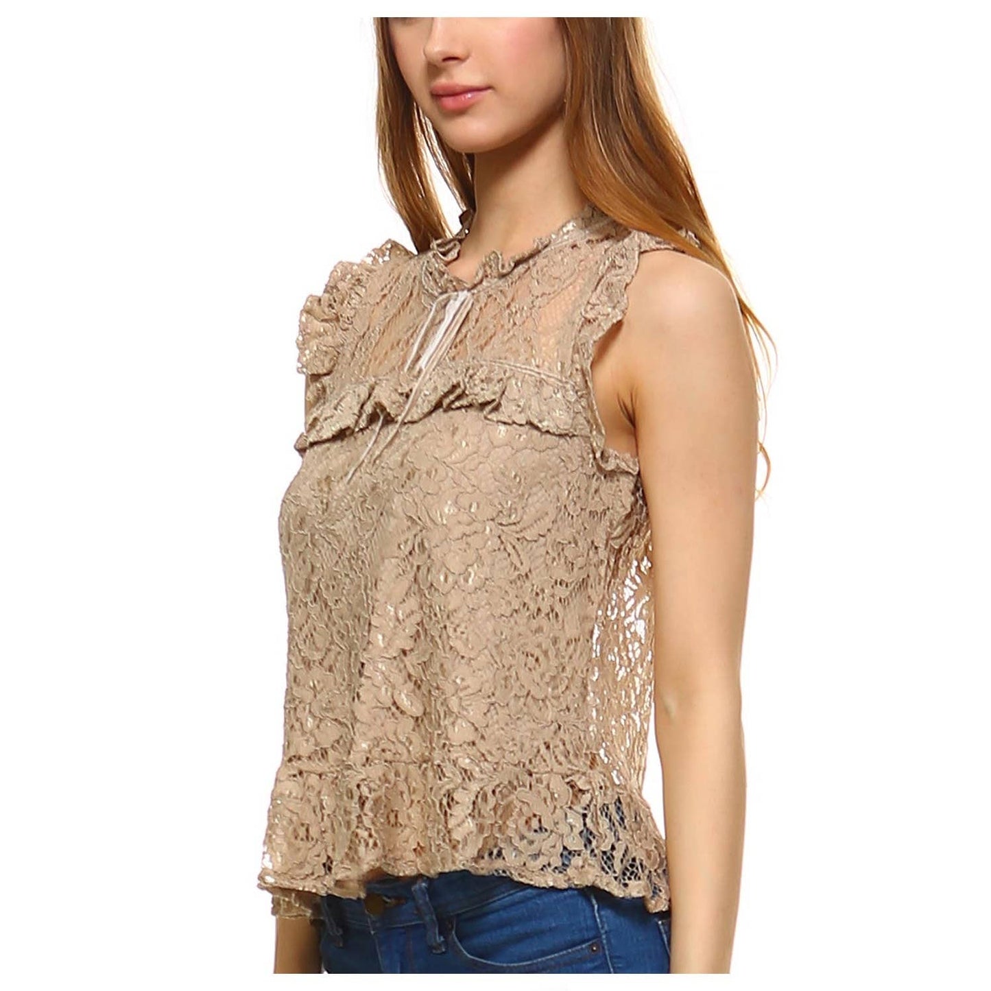WOMENS PLAIN SLEEVELESS ROUND NECK LACE BLOUSE
