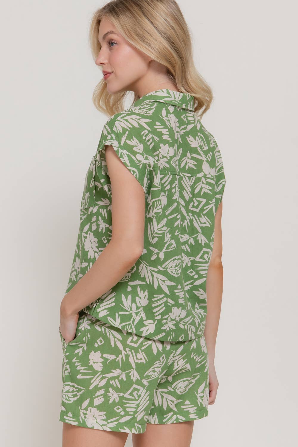 Dolman Short Sleeve Shirt & Print Linen Effect Shorts Set