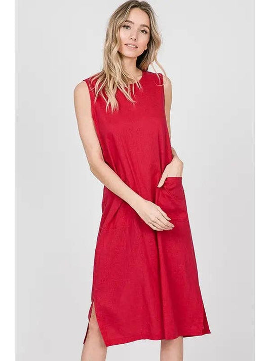 RED SLEEVELESS FRONT PATCH POCKETS MIDI DRESS