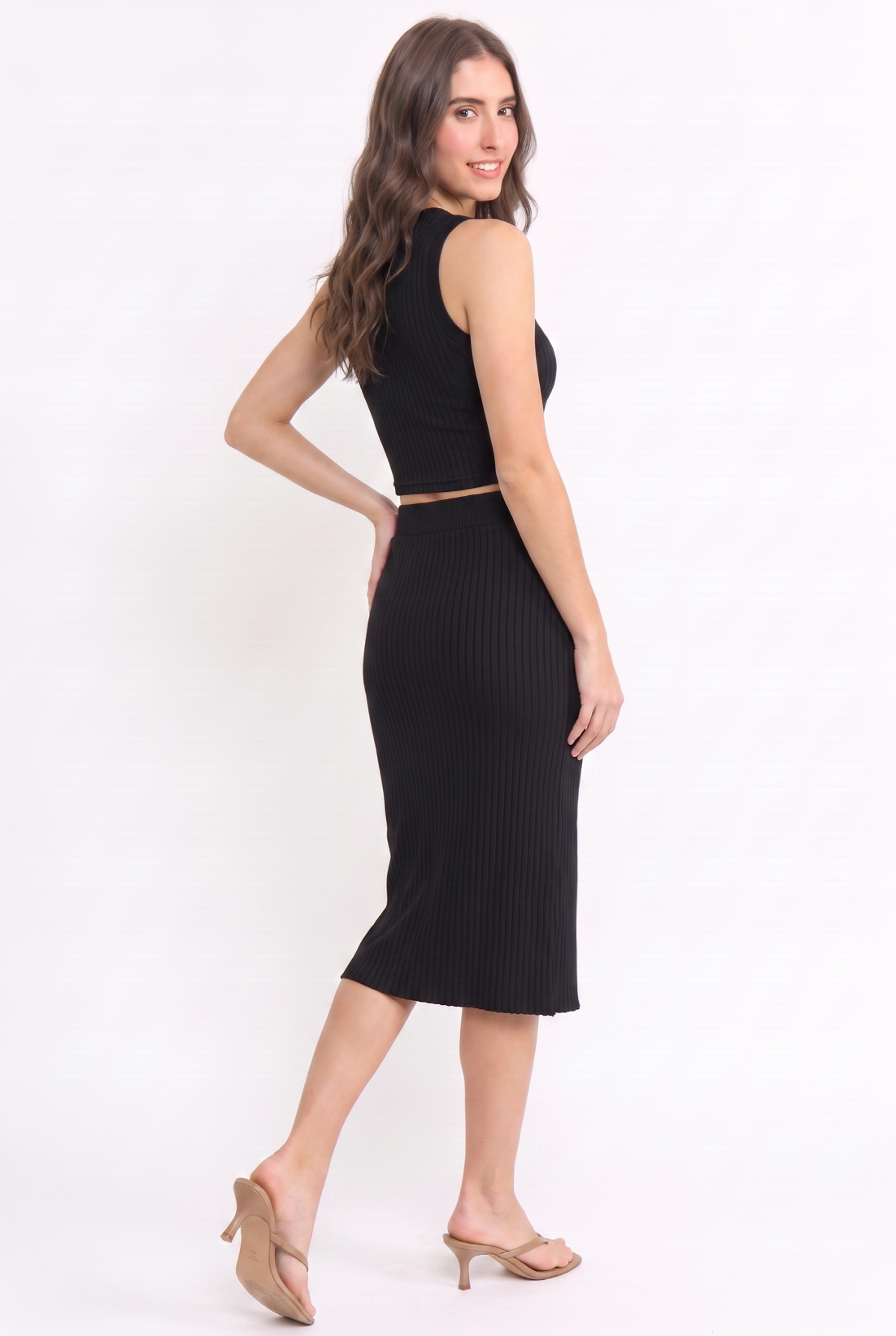 Ribbed Knit Button Slit Midi Skirt