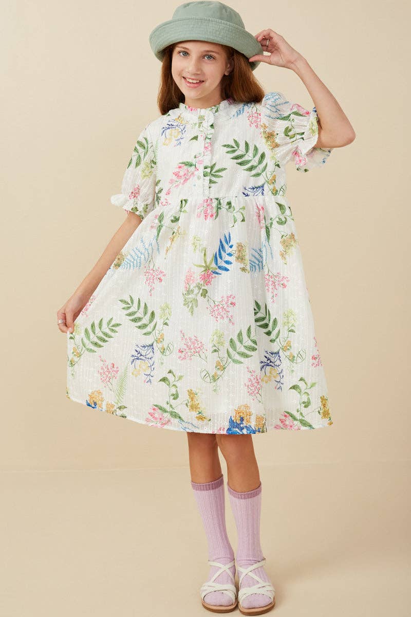 Girls Embroidered Textured Botanical Buttoned Dress