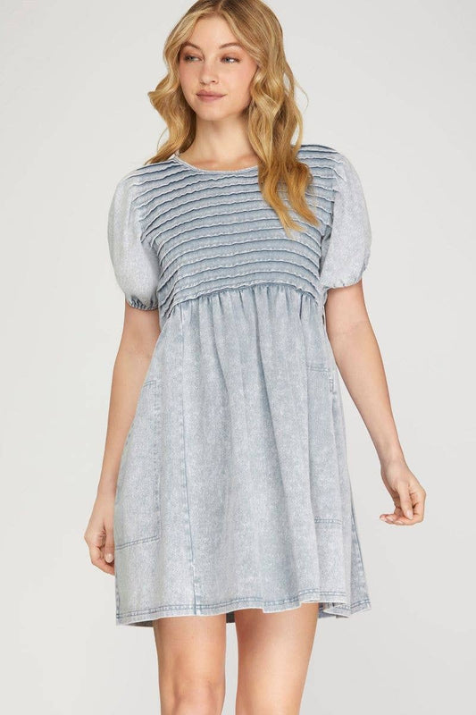 LT. BLUE PINTUCK GARMENT WASH TWILL MINI DRESS