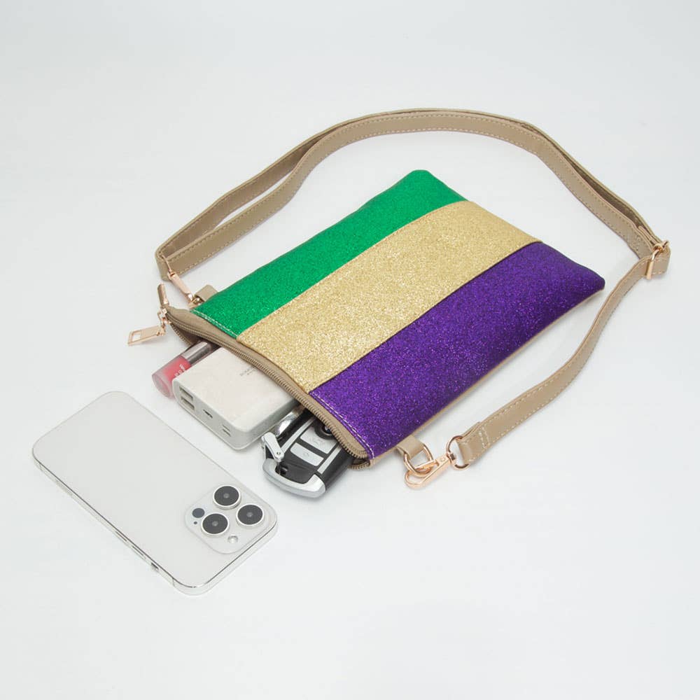 Glittered Vertical Strip Mardi Gras Flat Mini Crossbody Bag: Gold