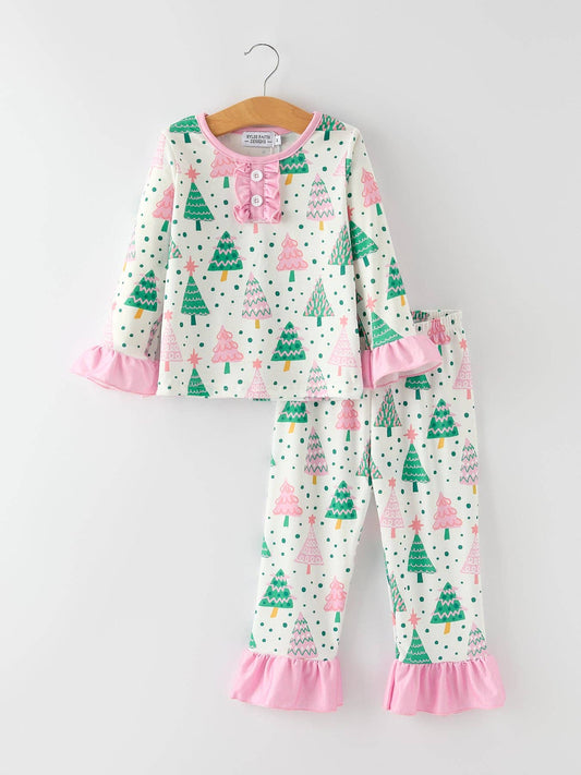 Pink Christmas Tree Ruffles Girls Pajamas